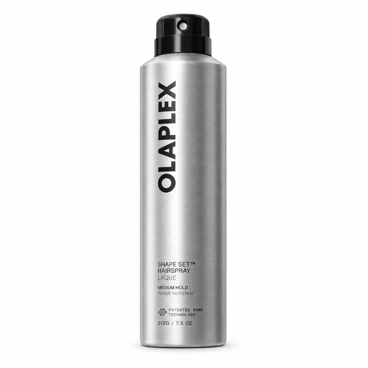 Olaplex Shape Set Hairspray in a sleek, brushed silver aerosol can with a black spray top, shown on a clean white background.