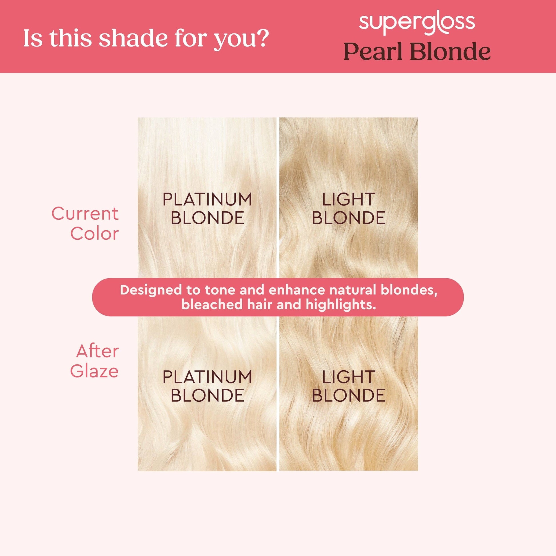 Supergloss Pearl Blonde hair color chart comparing current color to after glaze with platinum blonde and light blonde options.