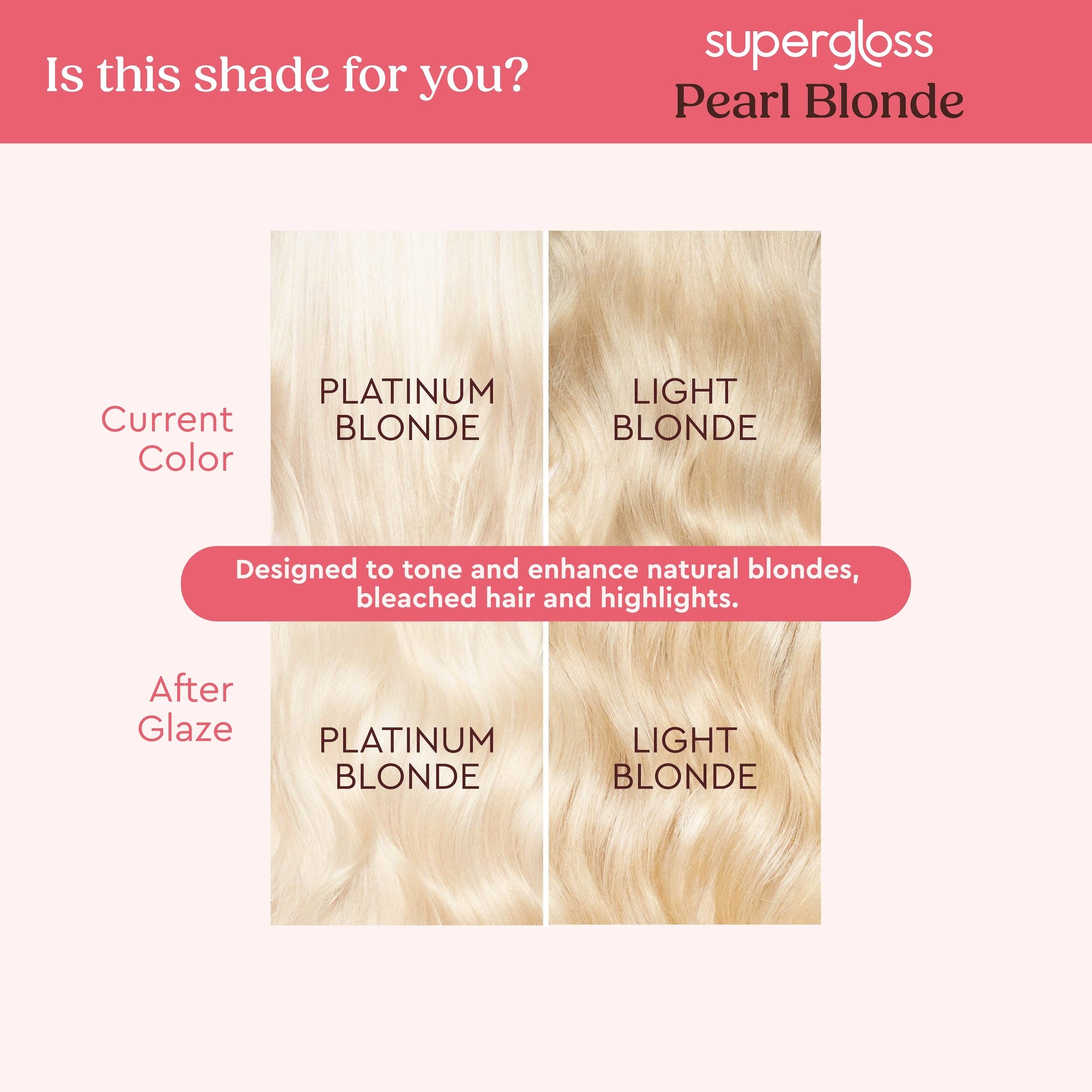 Supergloss Pearl Blonde hair color chart comparing current color to after glaze with platinum blonde and light blonde options.