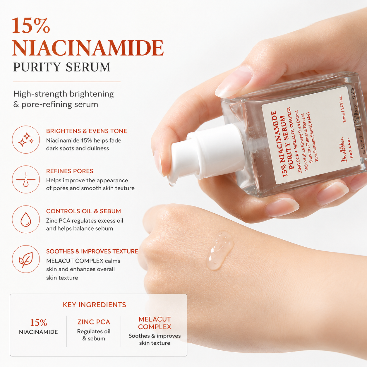 close-up of 15% niacinamide purity serum being dispensed onto the back of a hand. promotional image demonstrating the lightweight serum texture while highlighting a formula designed to brighten skin, refine the appearance of pores, regulate excess oil and sebum, and improve overall skin texture.