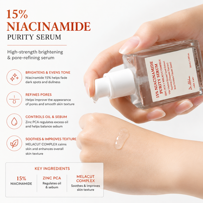 close-up of 15% niacinamide purity serum being dispensed onto the back of a hand. promotional image demonstrating the lightweight serum texture while highlighting a formula designed to brighten skin, refine the appearance of pores, regulate excess oil and sebum, and improve overall skin texture.