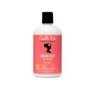 A bottle of Camille Rose Guava Slip Detangling Conditioner, 12oz, with pink label packaging.