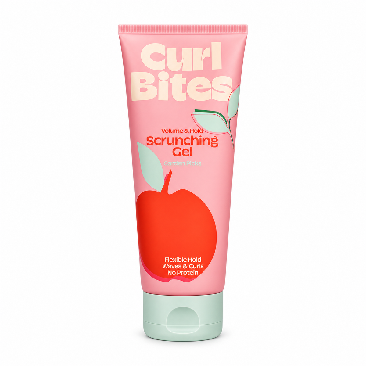A pink squeeze tube of Curl Bites Volume & Hold Scrunching Gel with a mint green cap, featuring a red apple graphic on the front.