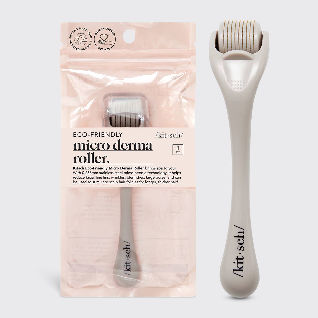 Kitsch Eco-Friendly Micro Derma Roller in warm gray color, packaged in a clear plastic case with the brand name visible.
