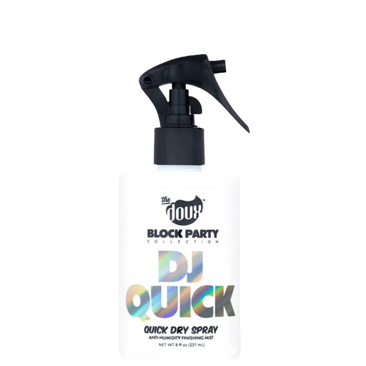 A white spray bottle of 'The Doux Block Party Collection DJ Quick' quick dry spray with a black trigger sprayer, set against a plain white background.