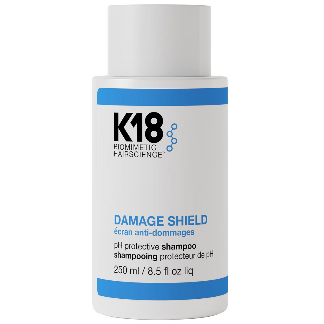 K18 Damage Shield shampoo bottle on a white background