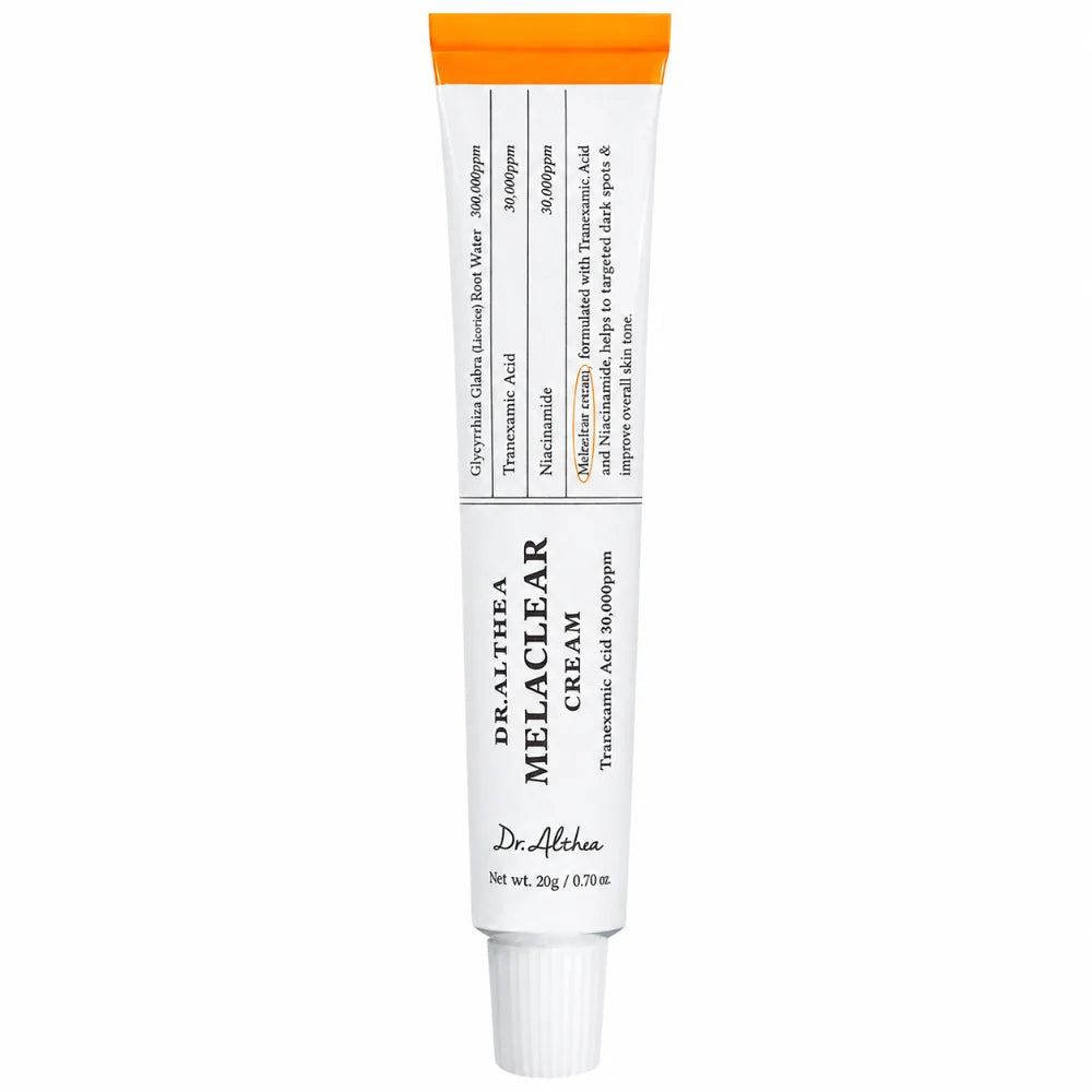 A white squeeze tube of Dr. Altea Melaclear Cream with an orange cap, shown against a plain white background.