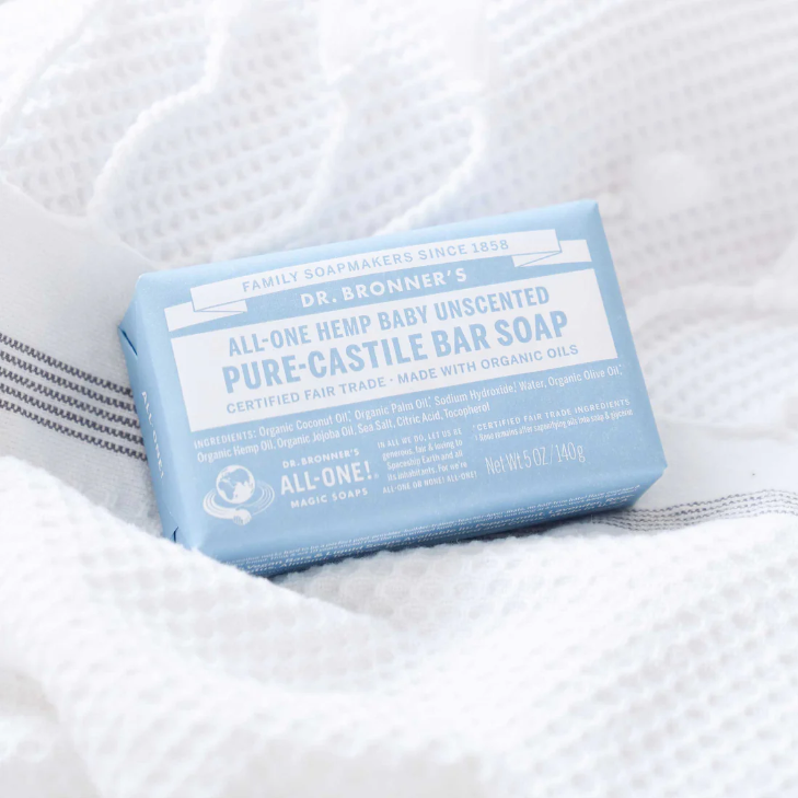 Dr. Bronner's All-One Hemp Unscented Baby-Mild Pure-Castile Bar Soap 140g