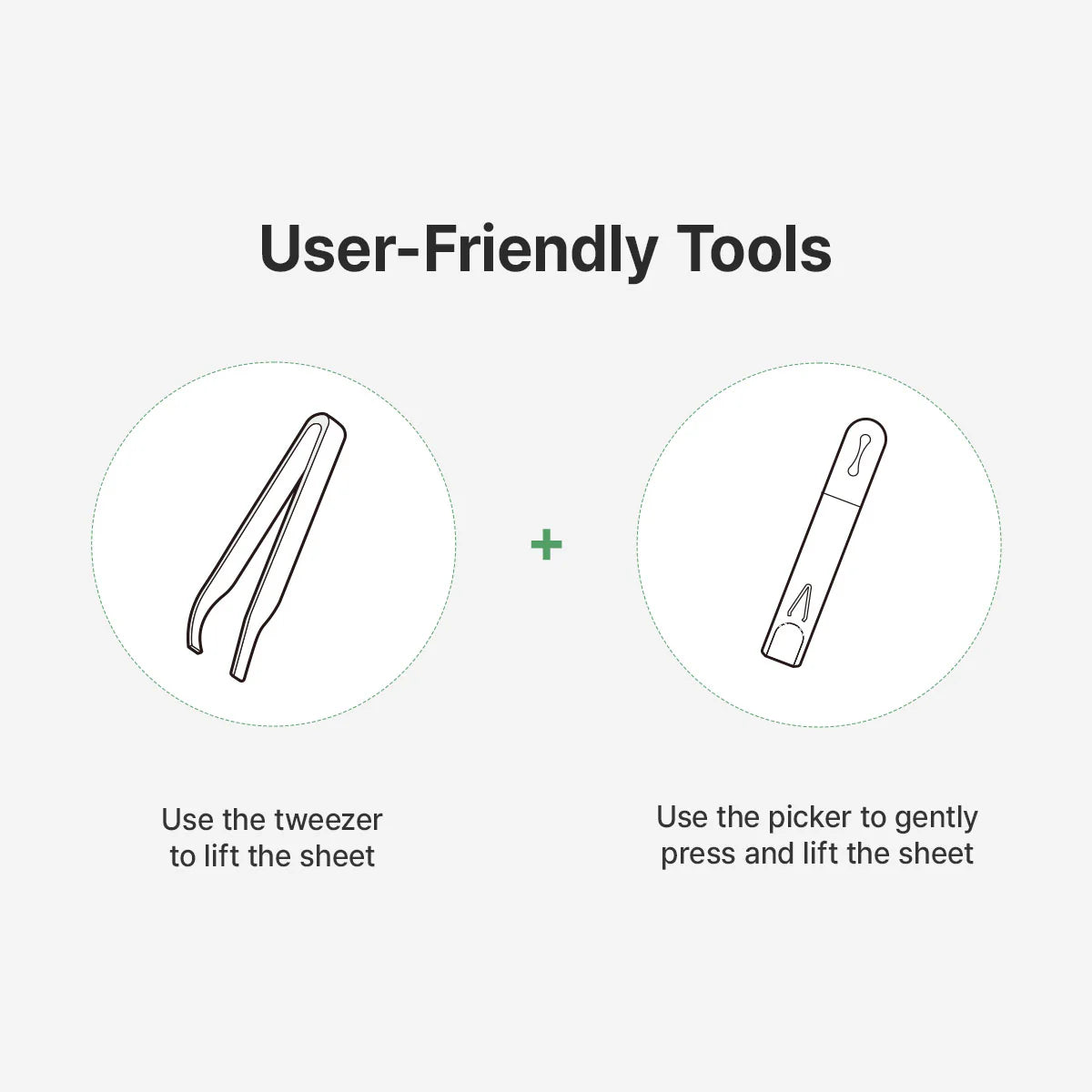 dr. althea stretchfit calming pad accessory guide showing the included tweezers and picker tool. illustrates how to use the tweezers to lift the toner pad and the picker to gently press and lift the sheet for hygienic, easy application.