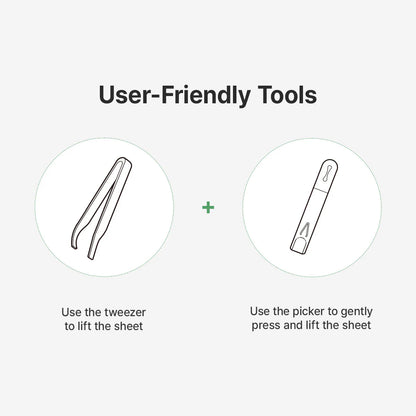 dr. althea stretchfit calming pad accessory guide showing the included tweezers and picker tool. illustrates how to use the tweezers to lift the toner pad and the picker to gently press and lift the sheet for hygienic, easy application.