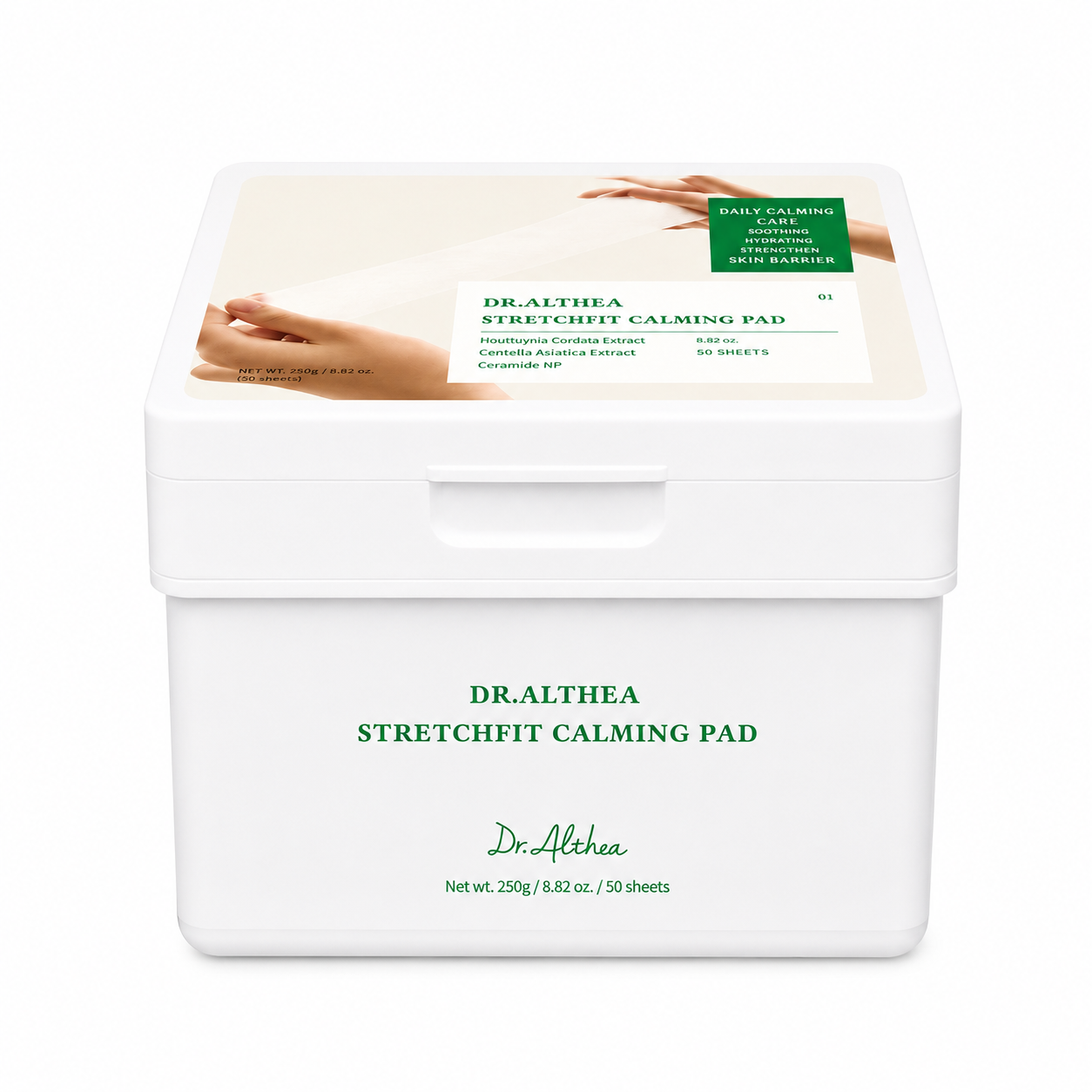 dr. althea stretchfit calming pad in a white storage container on a clean white background. product packaging featuring 50 calming toner pads formulated to help soothe sensitive skin, support the skin barrier and deliver lightweight hydration.