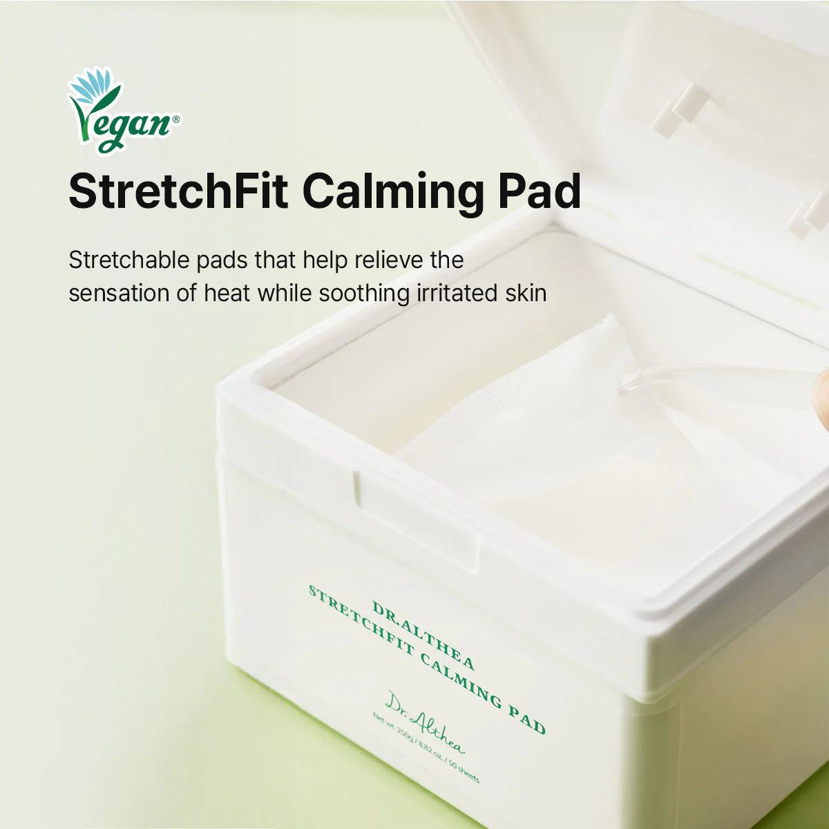 dr. althea stretchfit calming pad in an open storage container with a stretchable toner pad being lifted out. promotional graphic highlighting vegan calming pads designed to help soothe irritated skin and relieve the sensation of heat while providing gentle daily skincare.