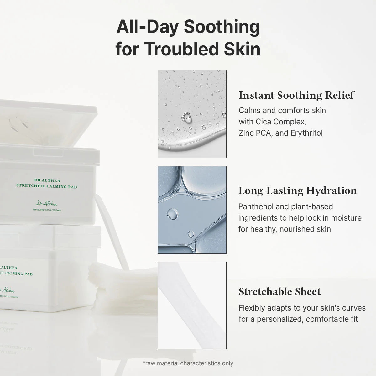 dr. althea stretchfit calming pad infographic highlighting all-day soothing care for troubled skin. explains the benefits of instant soothing relief with cica complex, zinc pca and erythritol, long-lasting hydration with panthenol, and stretchable toner pads that comfortably adapt to the skin.