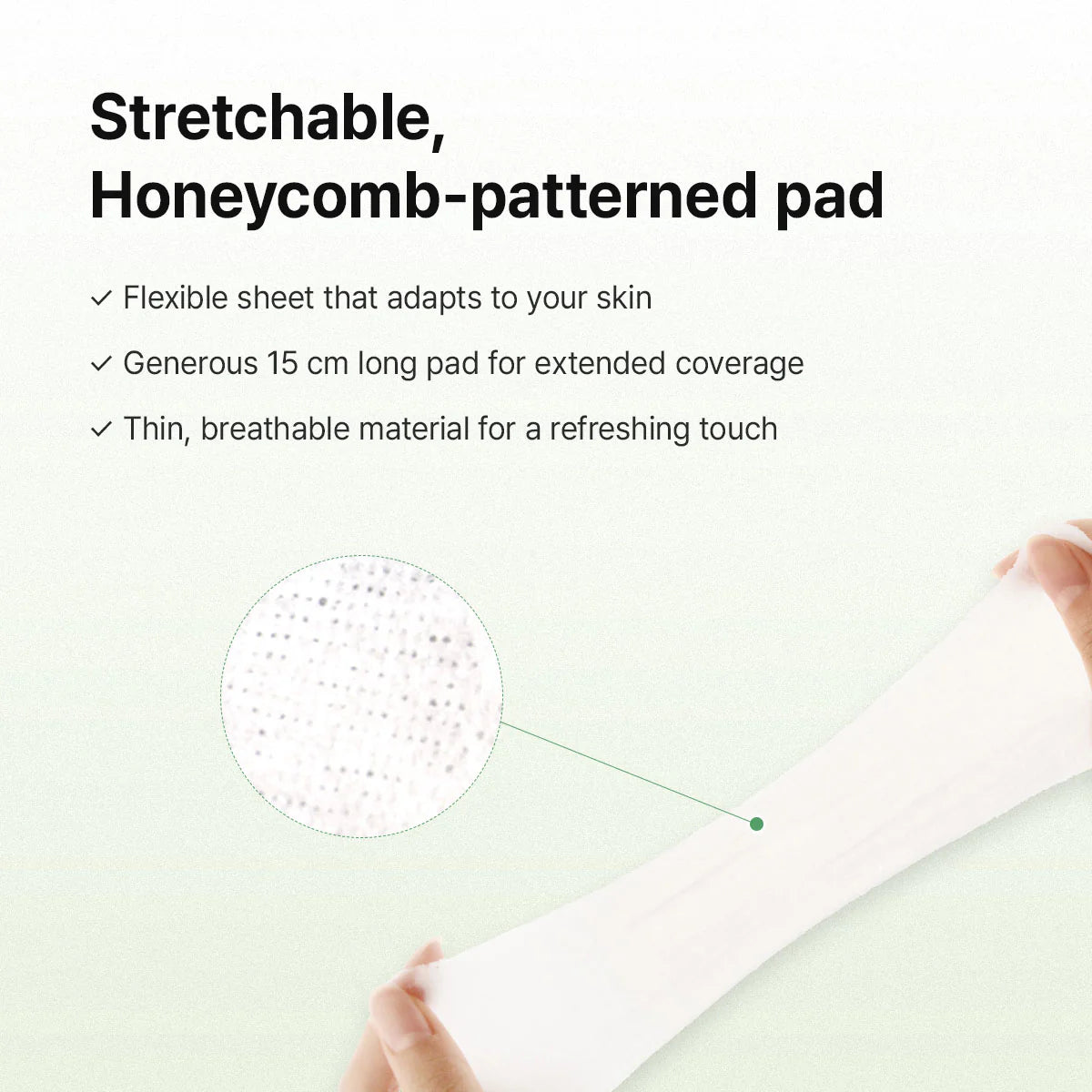 dr. althea stretchfit calming pad infographic showing a stretchable honeycomb-patterned toner pad. highlights a flexible 15 cm sheet that adapts to facial contours, provides extended coverage, and features a thin, breathable material for comfortable, soothing skincare.