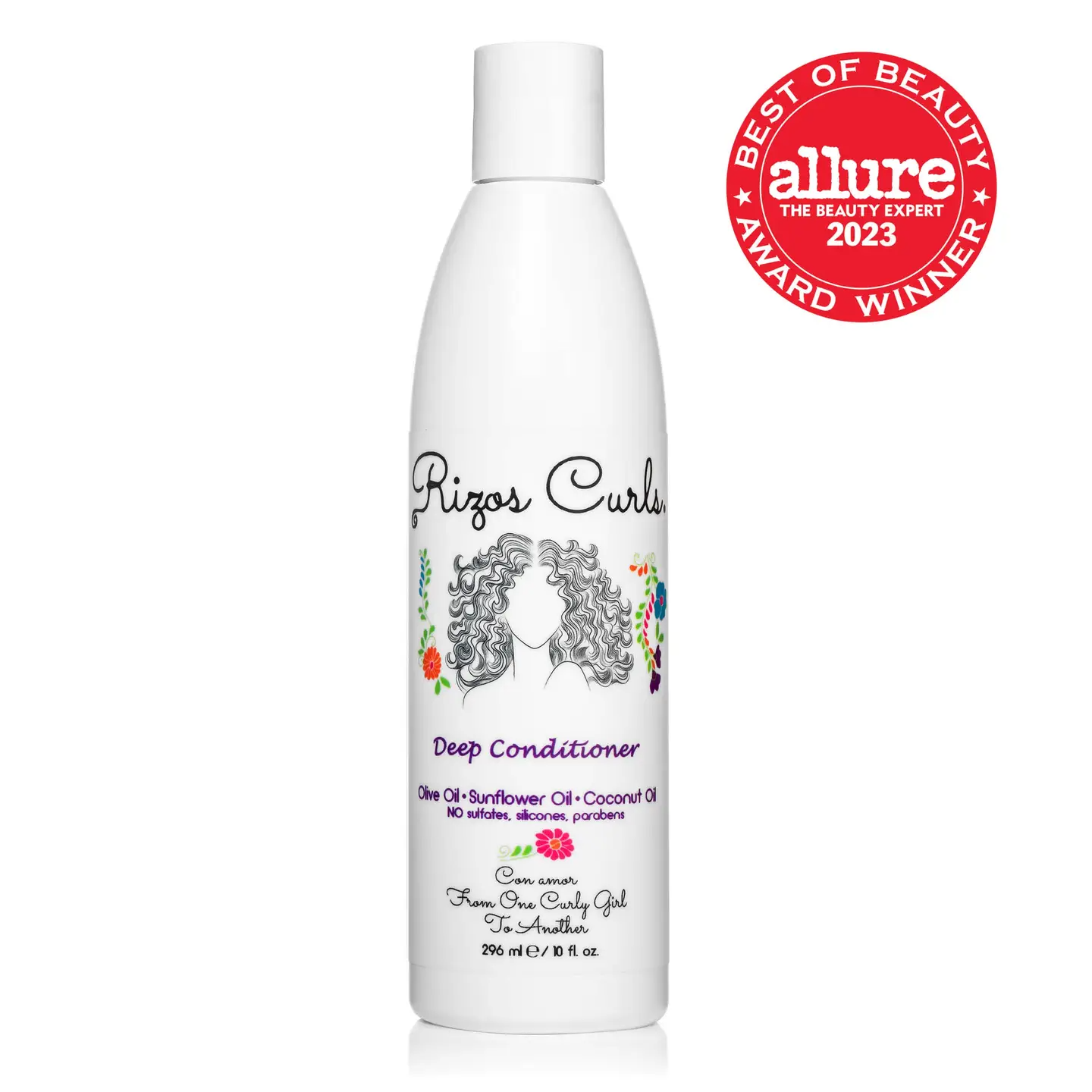 Rizos curls deep conditioner in white bottle with olive oil and cocnut oil for curly hair
