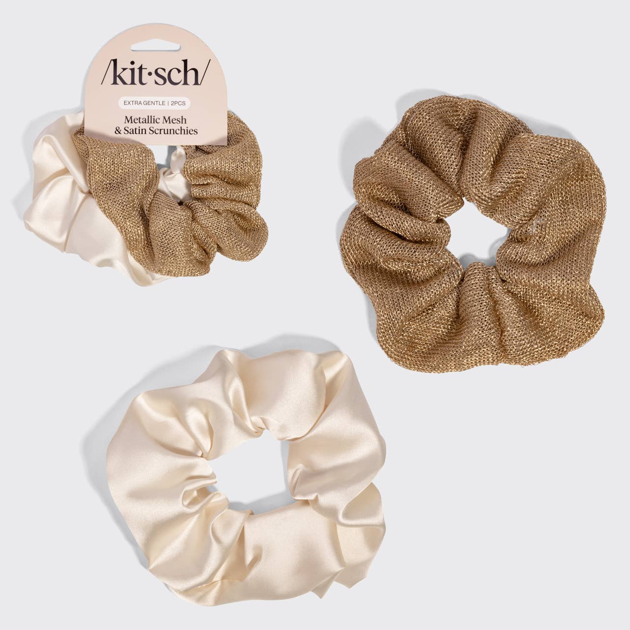 Kitsch Metallic Mesh Satin Scrunchies 2pc Set - Cream & Gold