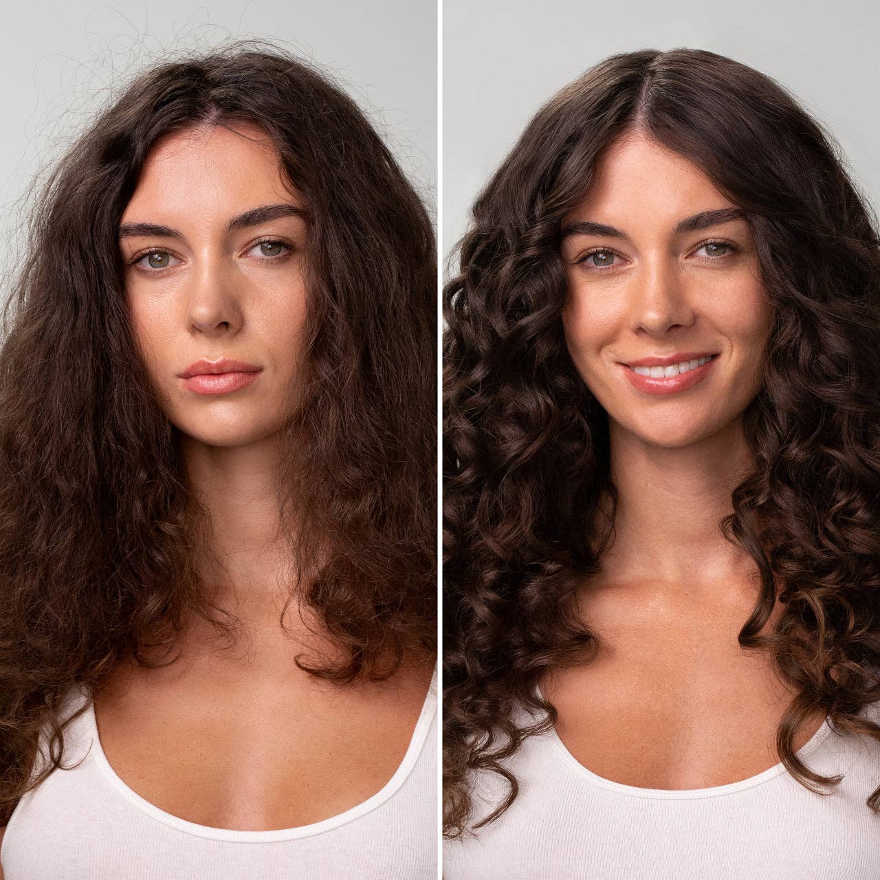 Side-by-side comparison of a woman with straight and curly hair against a neutral background using Kitsch Smoothing Castor Oil Shampoo & Conditioner