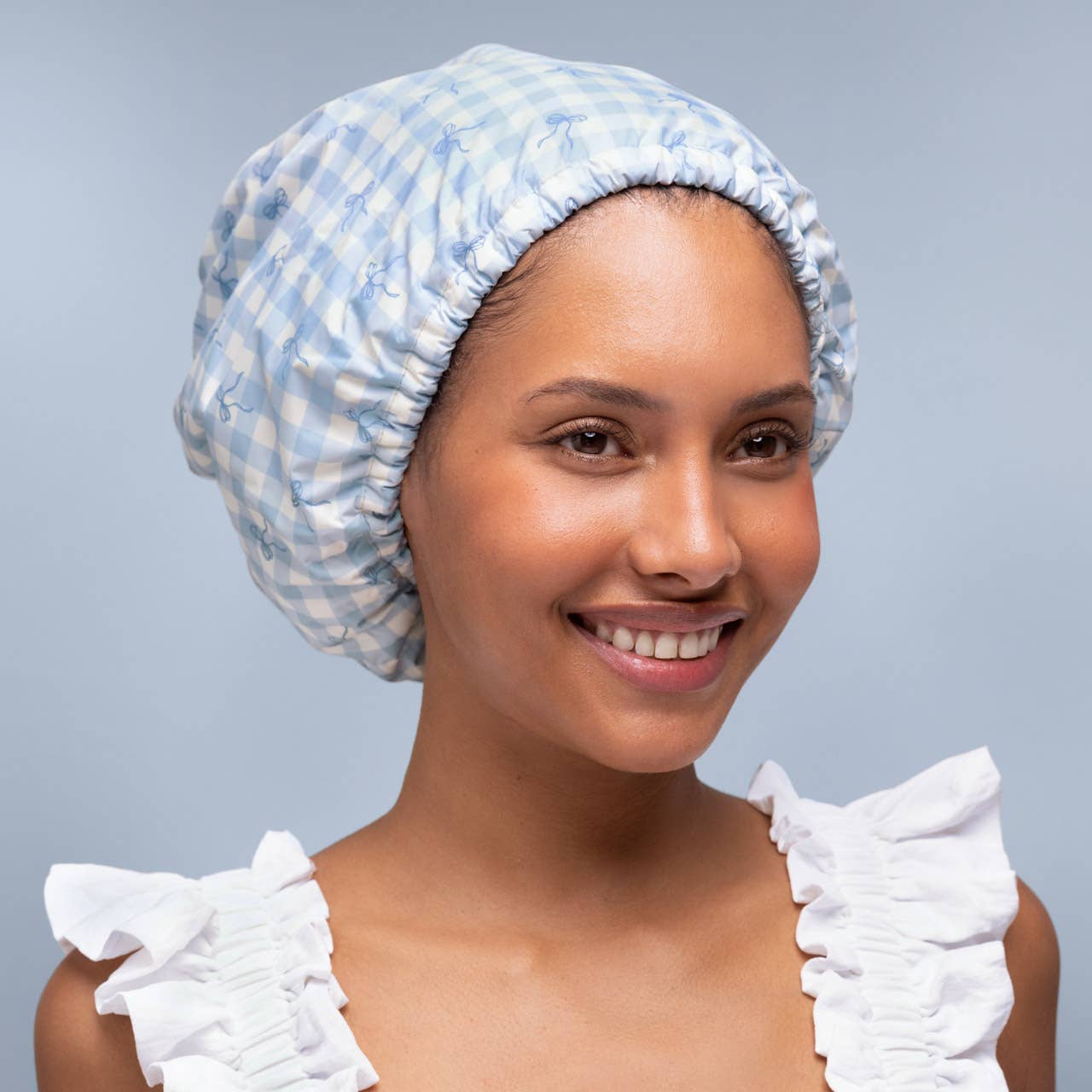 Kitsch Satin Lined Flexi Shower Cap - Gingham Blue