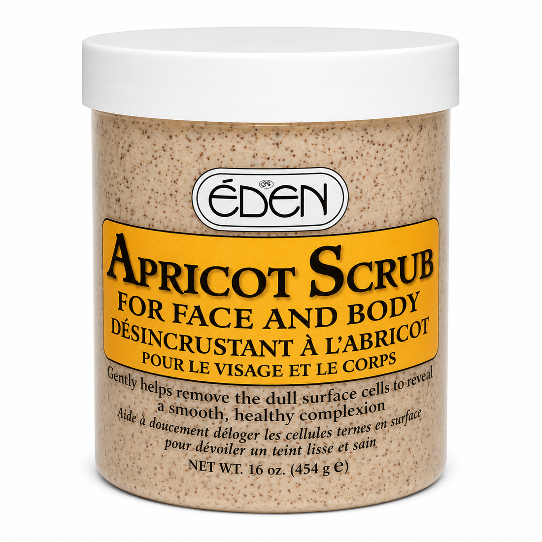 eden apricot scrub for face and body in an 16 oz plastic jar with a white lid, displayed on a white background.