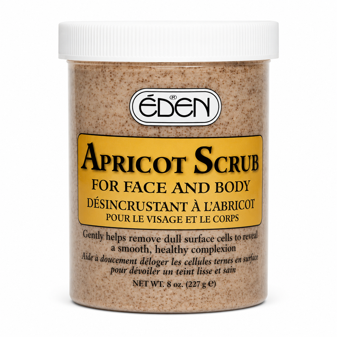 eden apricot scrub for face and body in an 8 oz plastic jar with a white lid, displayed on a white background.
