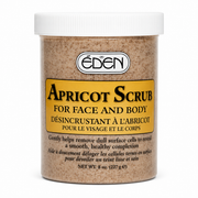 eden apricot scrub for face and body in an 8 oz plastic jar with a white lid, displayed on a white background.