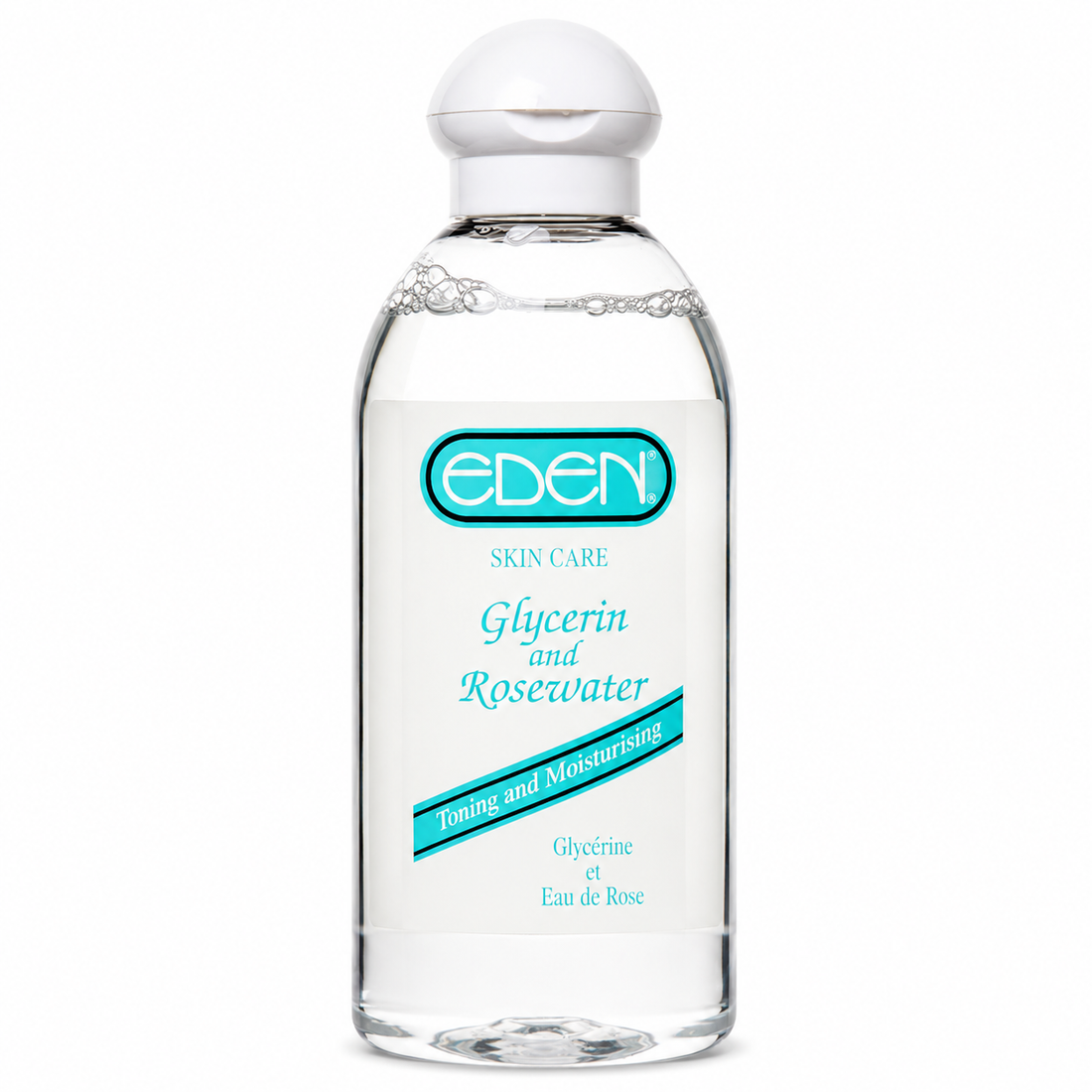 eden glycerin and rosewater toning and moisturising skincare solution in a clear bottle with a white flip-top cap on a white background