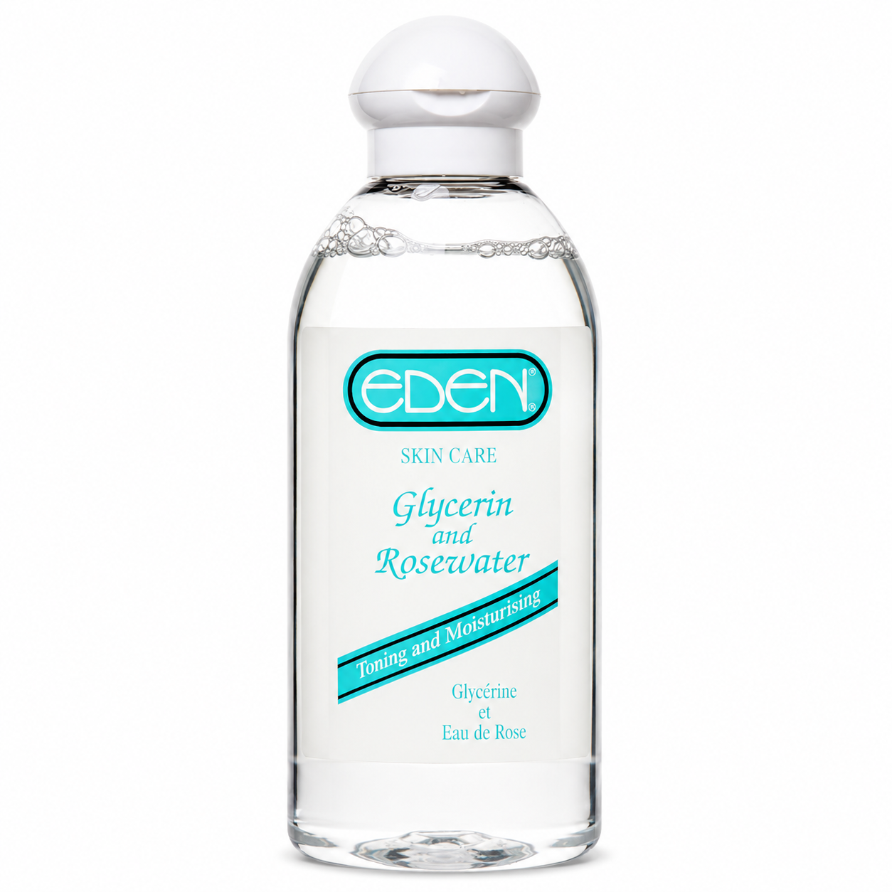 eden glycerin and rosewater toning and moisturising skincare solution in a clear bottle with a white flip-top cap on a white background