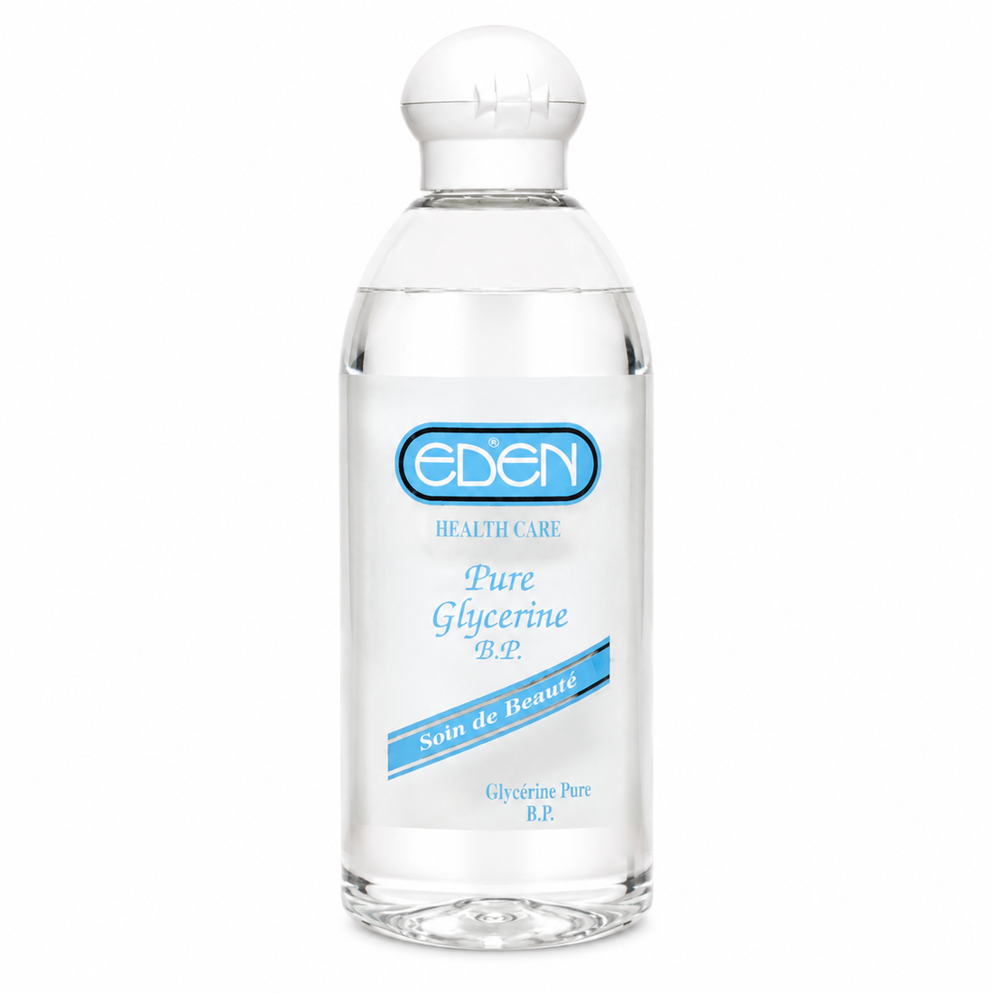 eden pure glycerine b.p. clear glycerine in a transparent bottle with a white cap on a white background.