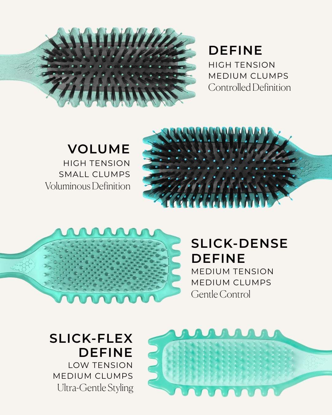 Set of five teal hairbrushes with text describing their use on a white background