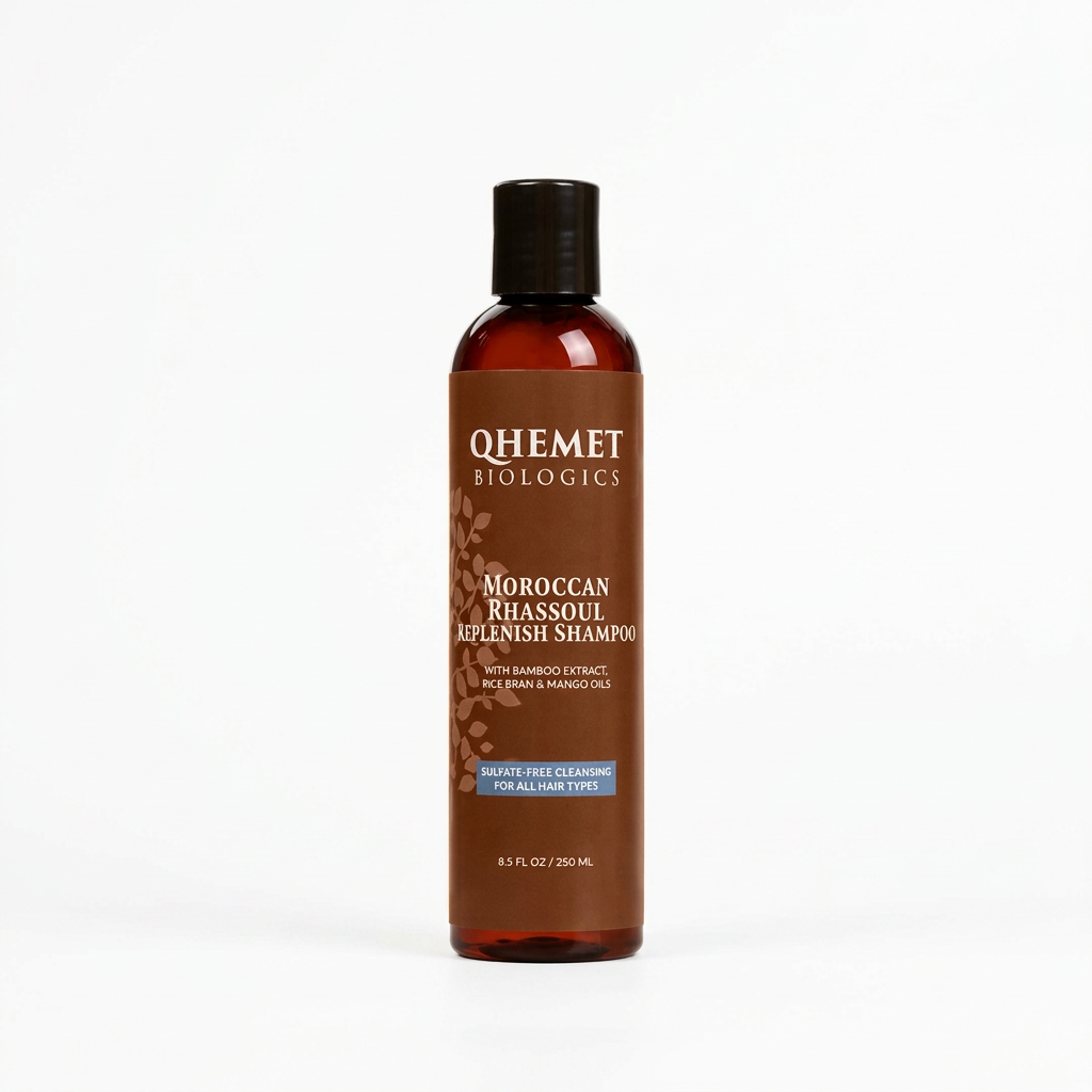 QHEMET BIOLOGICS Moroccan Rhassoul Replenish Shampoo bottle on a white background