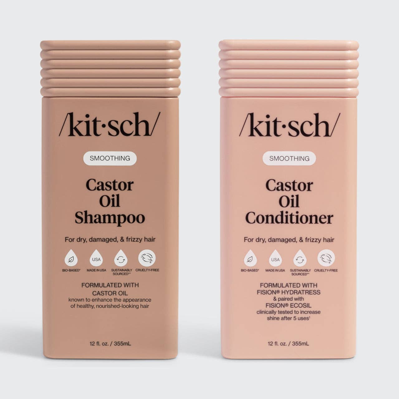 Two bottles of Kitsch Castor Oil Shampoo and Conditioner on a white background