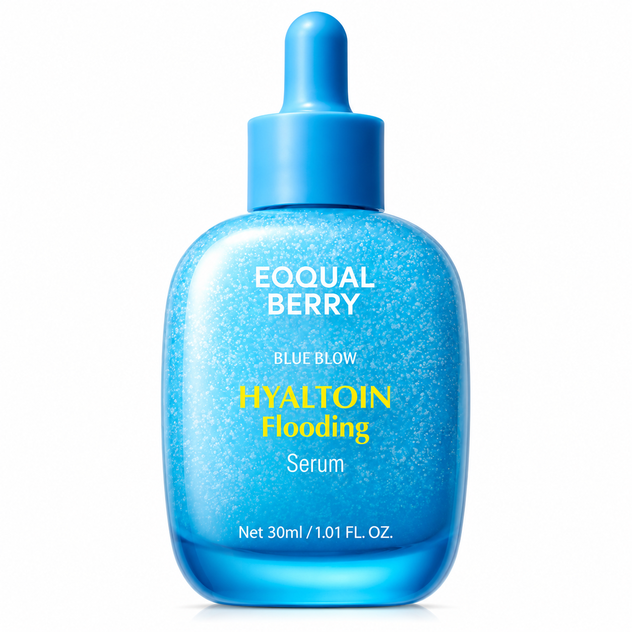 eqqualberry blue blow hyaltoin flooding serum in a blue 30ml dropper bottle with a white background, formulated to deeply hydrate, replenish moisture, and leave skin soft and refreshed.