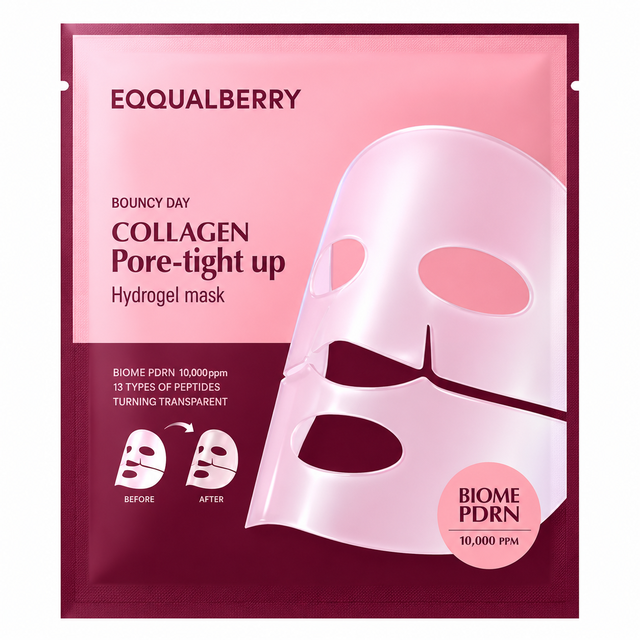 eqqualberry bouncy day collagen pore-tight up hydrogel mask sachet packaging featuring a pink hydrogel sheet mask, biome pdrn 10,000 ppm, and collagen pore-tightening skincare formula.