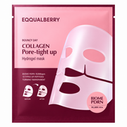 eqqualberry bouncy day collagen pore-tight up hydrogel mask sachet packaging featuring a pink hydrogel sheet mask, biome pdrn 10,000 ppm, and collagen pore-tightening skincare formula.