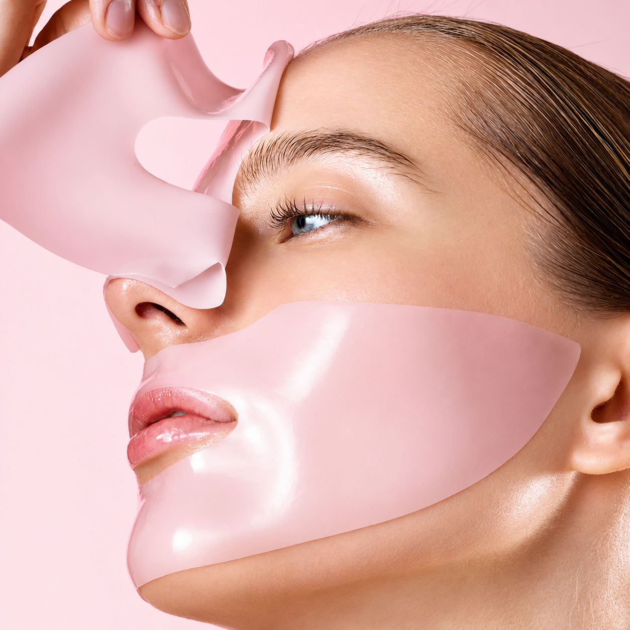 eqqualberry collagen pore-tight Up hydrogel mask pink mask application on a woman's face