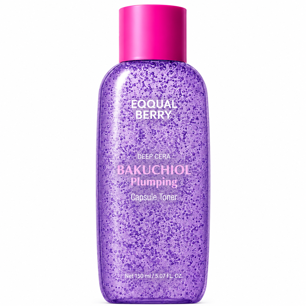 eqqualberry deep cera bakuchiol plumping capsule toner in a transparent purple bottle with suspended capsules and a bright pink cap on a white background. 150ml hydrating toner designed to plump, smooth, and nourish the skin.