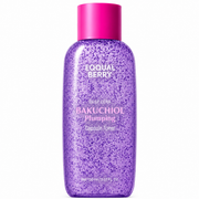 eqqualberry deep cera bakuchiol plumping capsule toner in a transparent purple bottle with suspended capsules and a bright pink cap on a white background. 150ml hydrating toner designed to plump, smooth, and nourish the skin.