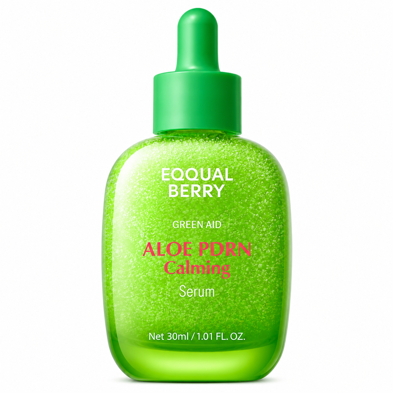 eqqualberry green aid aloe pdrn calming serum in a bright green 30ml dropper bottle with a white background, formulated to soothe, hydrate, and calm sensitive skin.