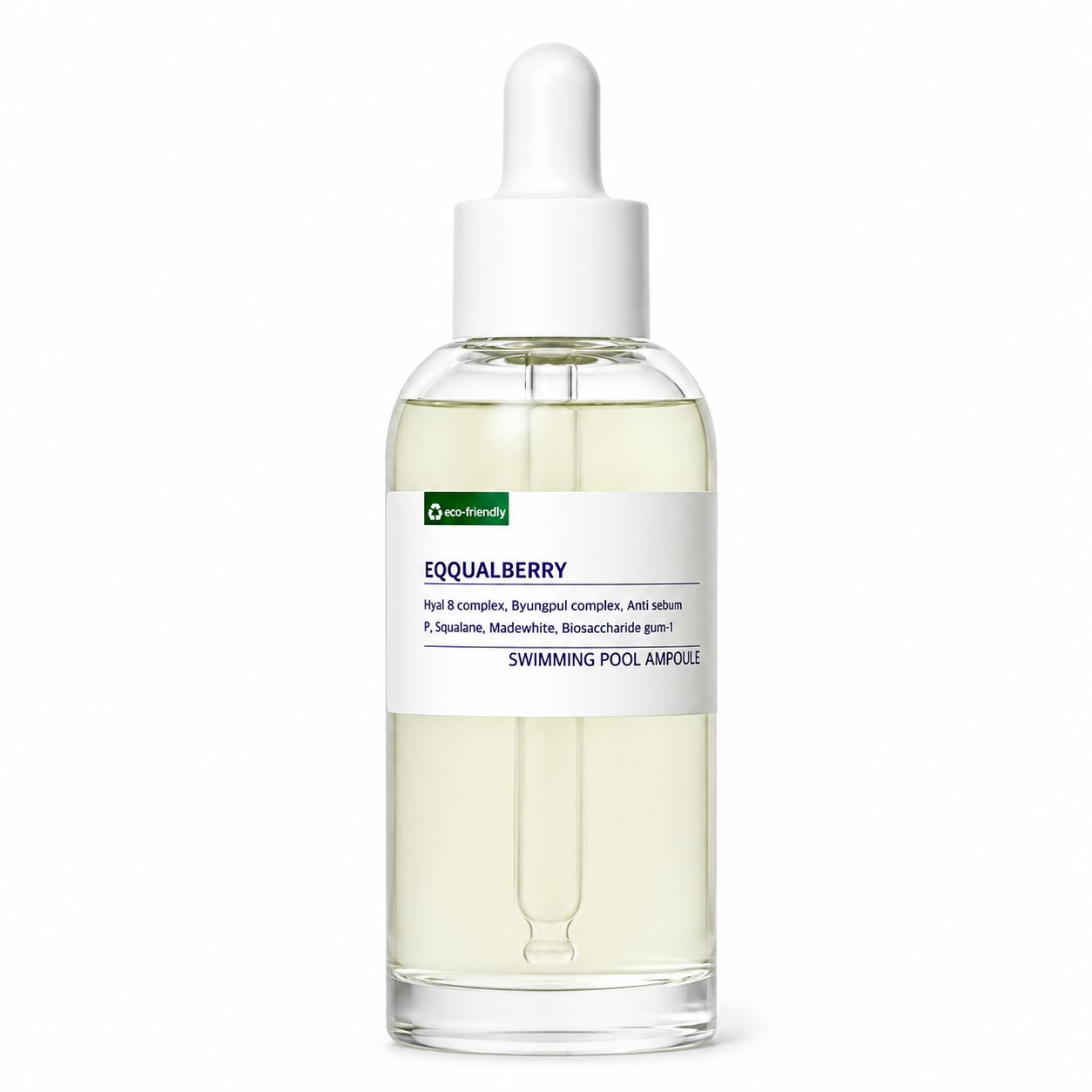 eqqualberry swimming pool ampoule in a clear glass dropper bottle with a white pipette cap on a white background. lightweight hydrating facial ampoule formulated with hyal 8 complex, byungpul complex, squalane, madewhite, and biosaccharide gum-1 to help replenish moisture, balance excess oil, and soothe skin.