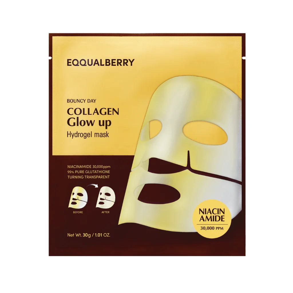 Eqqualberry Collagen Glow Up Hydrogel Mask (1pc) sachet packaging yellow and brown