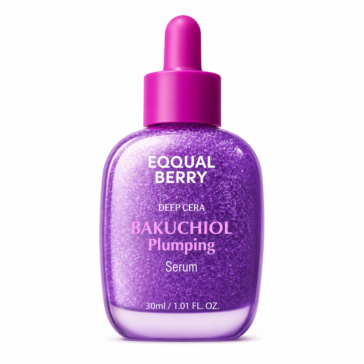 equal berry deep cera bakuchiol plumping serum in a glossy purple dropper bottle on a clean white background, featuring a shimmering finish and minimalist white and pink branding.