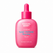 equal berry lush blush nad+ peptide boosting serum in a vibrant pink dropper bottle on a clean white background, showcasing a glossy, minimalist skincare design with bright pink packaging and turquoise label accents.