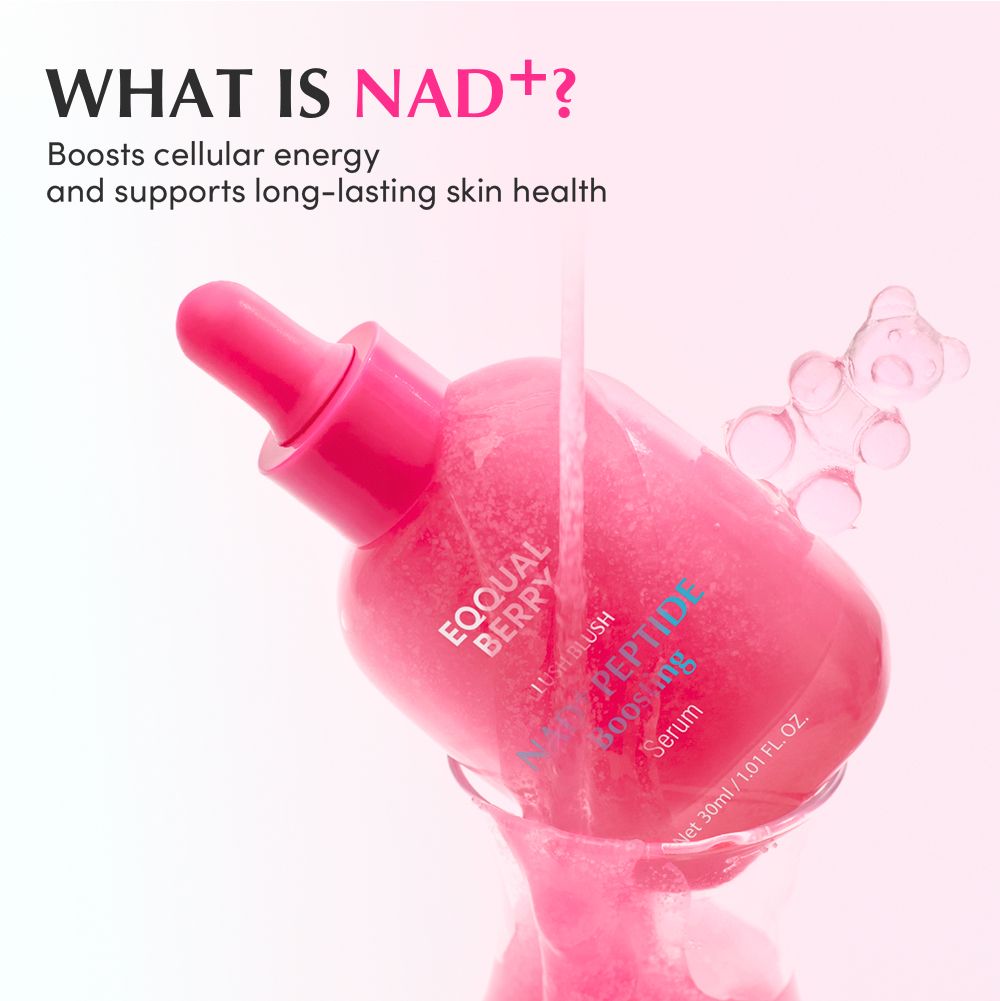 equal berry lush blush nad+ peptide boosting serum in a vibrant pink dropper bottle infographic what is NAD+