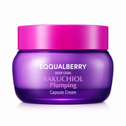 equalberry deep cera bakuchiol plumping capsule cream in a glossy purple jar with a vibrant pink lid on a clean white background, featuring bold white and pink branding in a sleek, modern skincare design.