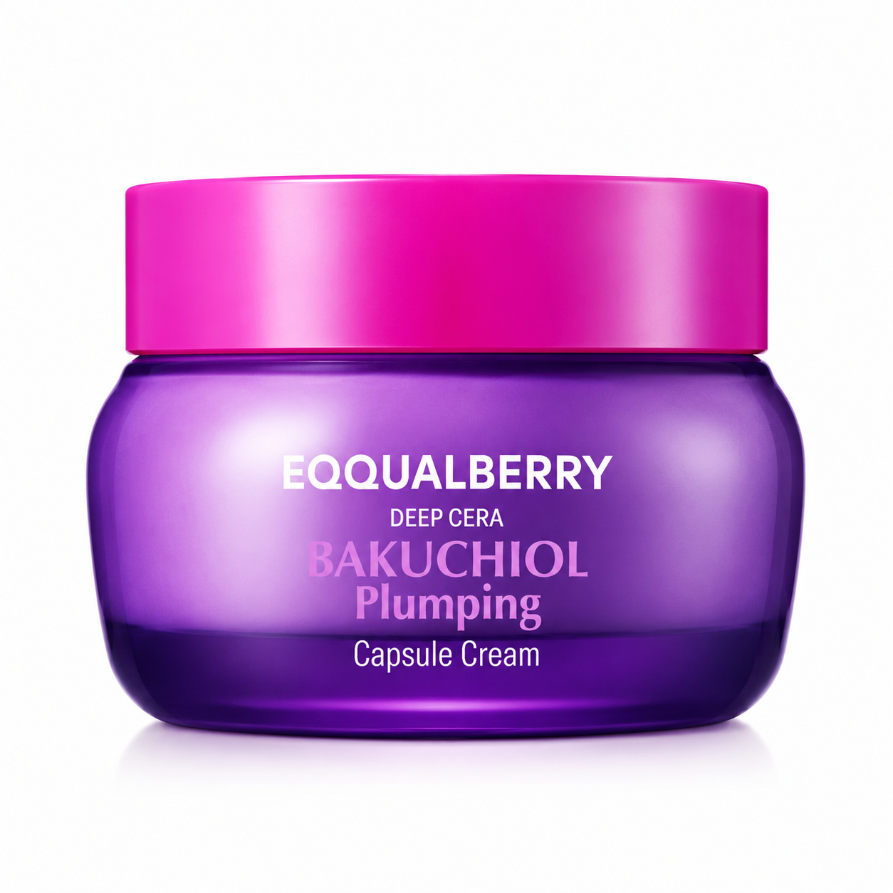 equalberry deep cera bakuchiol plumping capsule cream in a glossy purple jar with a vibrant pink lid on a clean white background, featuring bold white and pink branding in a sleek, modern skincare design.