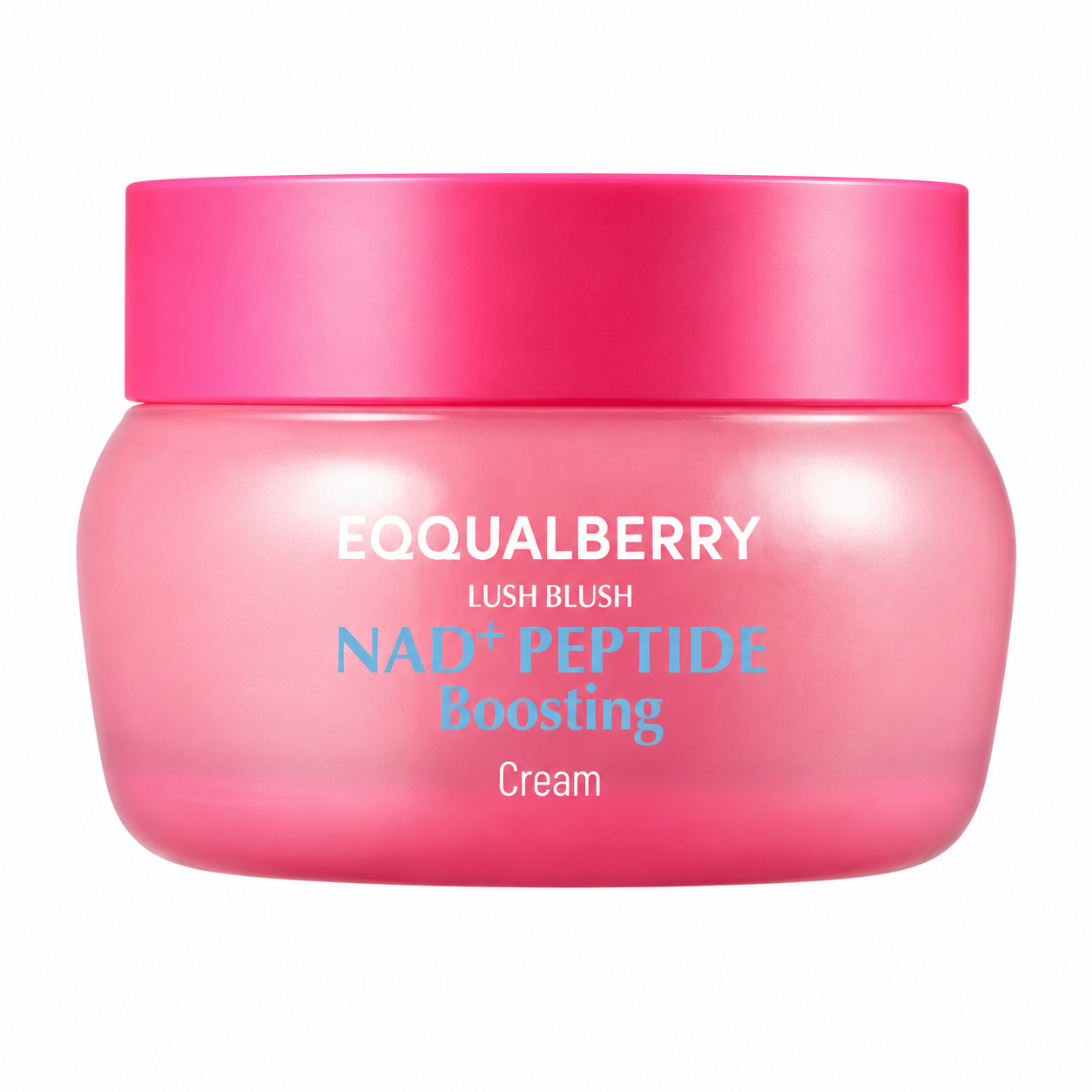 equalberry lush blush nad+ peptide boosting cream in a vibrant pink frosted jar with a matching pink lid on a clean white background, showcasing a modern skincare design with bold white and turquoise branding.