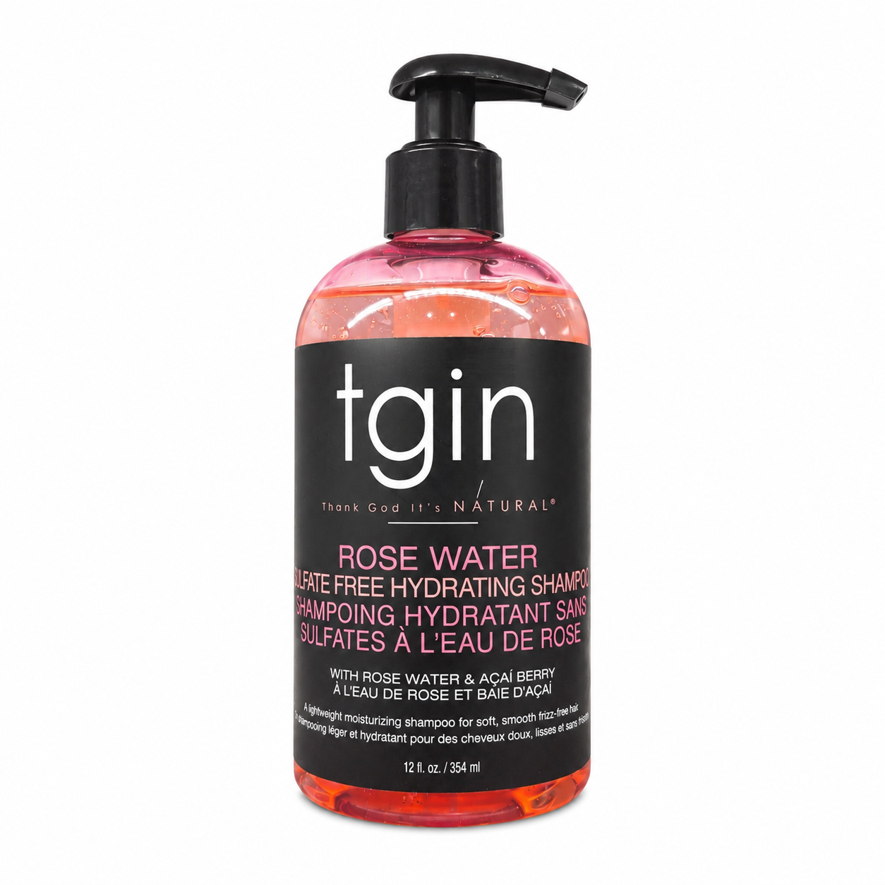 A bottle of tgin Rose Water Sulfate Free Hydrating Shampoo with a pump dispenser, predominantly pink in color.