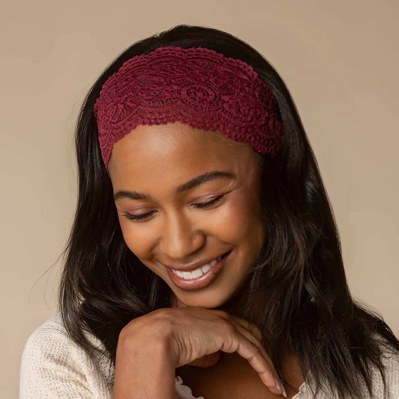 Kitsch Wide Lace Elastic Headbands 2pc Set - Cherry Lacquer & Dusty Pink