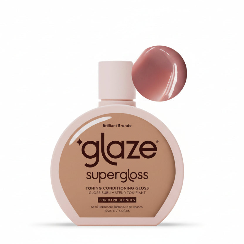 Glaze supergloss bottle with a swatch of pink gloss on a light pink background