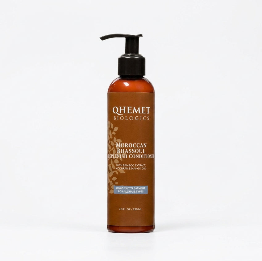 A 7.4 fl oz amber bottle of Qhemet Biologics Moroccan Masqueur Deep Clean Conditioner with a black pump dispenser, shown on a white background with a blue circular 'RINSE-OUT' callout.
